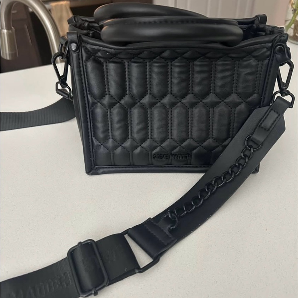 Steve Madden Black Quilted Box Crossbody with Chain Strap